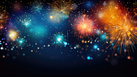 colorful fireworksfor new year with yellow and red explosions on night skyの素材