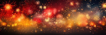 wide banner celebration fireworks on night sky with colorful red and yellow explosionsの素材