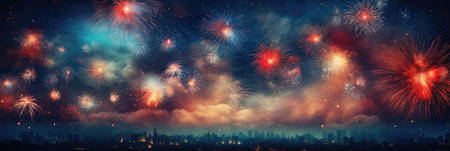 wide banner celebration fireworks on night sky with colorful red and yellow explosionsの素材