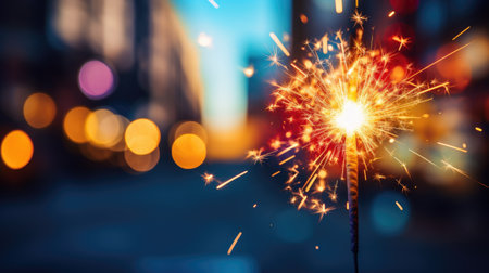 sparkler close-up burning bright with red and yellow bokeh backgroundの素材
