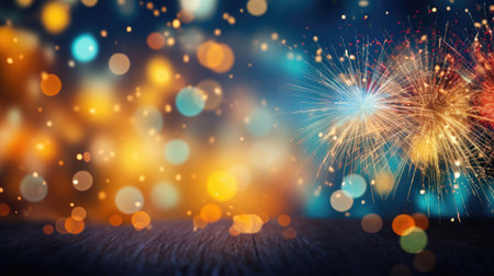 colorful fireworksfor new year with yellow and red explosions on night skyの素材