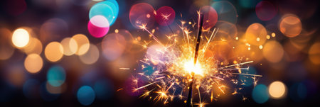 sparkler banner burning bright with red and yellow lights with bokeh backgroundの素材