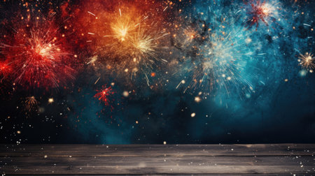 colorful fireworksfor new year with yellow and red explosions on night skyの素材