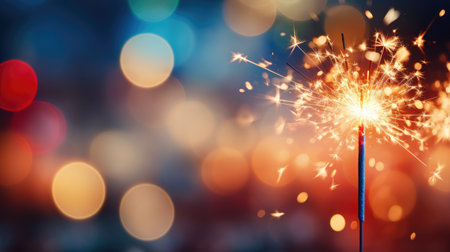 sparkler close-up burning bright with red and yellow bokeh backgroundの素材