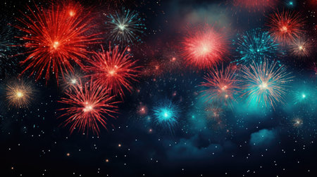colorful fireworksfor new year with yellow and red explosions on night skyの素材