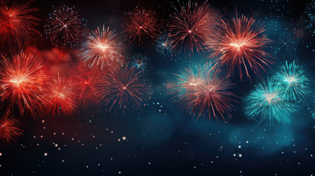 colorful fireworksfor new year with yellow and red explosions on night skyの素材