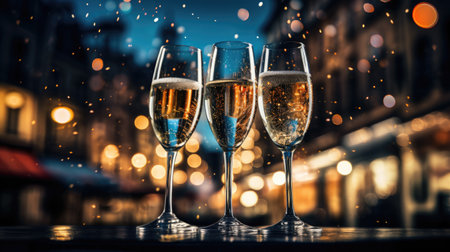 three glasses of champagne isolated on colorful bokeh background at nightの素材