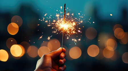 hand holding one burning sparklerwith colorful bokeh background  at nightの素材