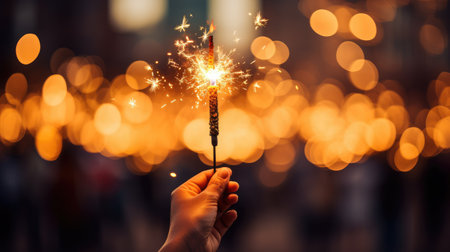 hand holding one burning sparklerwith colorful bokeh background  at nightの素材