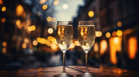 two glasses of champagne isolated with bokeh colorful lights at nightの素材