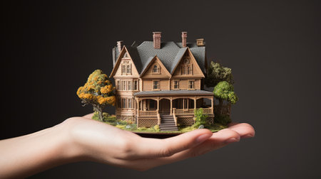 miniature house held in hand concept of buying real estate homeの素材