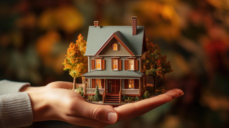 miniature house held in hand concept of buying real estate homeの素材