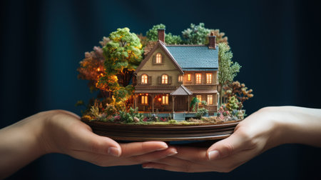 miniature house held in hand concept of buying real estate homeの素材