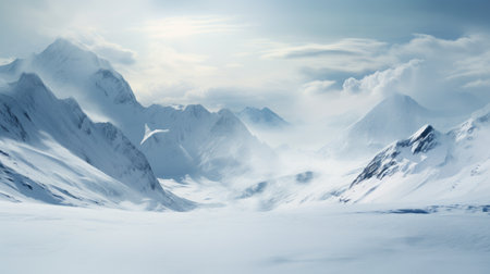 Panorama of icy winter mountain landscape with ice and snow and cold weatherの素材
