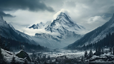 Panorama of icy winter mountain landscape with ice and snow and cold weatherの素材