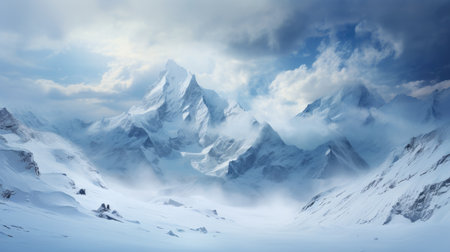 Panorama of icy winter mountain landscape with ice and snow and cold weatherの素材
