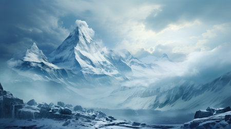 Panorama of icy winter mountain landscape with ice and snow and cold weatherの素材