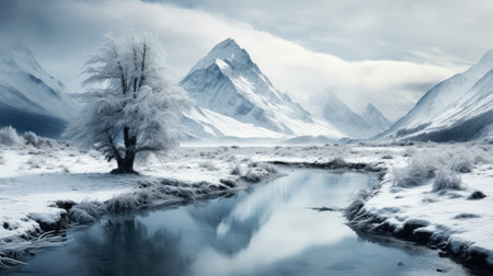 Panorama landscape of mountain river in winter with snow and ice at sunrise.の素材