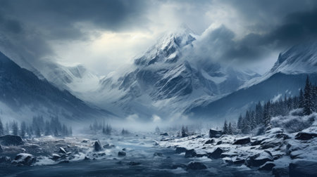 Panorama of icy winter mountain landscape with ice and snow and cold weatherの素材