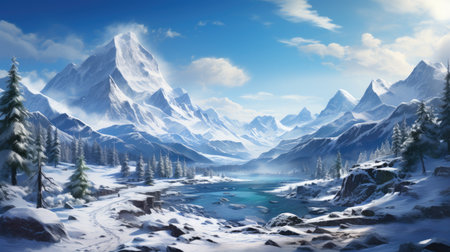Panorama of icy winter mountain landscape with ice and snow and cold weatherの素材