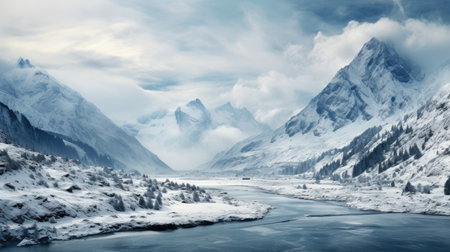 Panorama landscape of mountain river in winter with snow and ice at sunrise.の素材