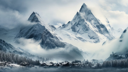 Panorama of icy winter mountain landscape with ice and snow and cold weatherの素材
