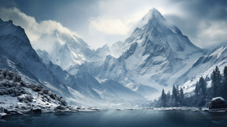 Panorama landscape of mountain river in winter with snow and ice at sunrise.の素材