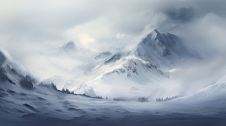 Panorama of icy winter mountain landscape with ice and snow and cold weatherの素材