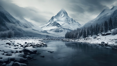 Panorama landscape of mountain river in winter with snow and ice at sunrise.の素材