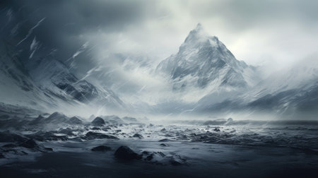 Panorama landscape of mountain river in winter with snow and ice at sunrise.の素材