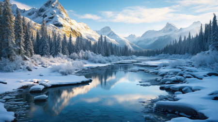 Panorama landscape of mountain river in winter with snow and ice at sunrise.の素材
