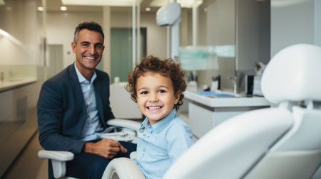 Portrait of young boy smilling sitting in dentist office chair with a happy faceの素材