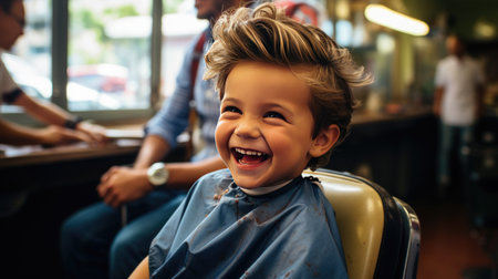 portrait of happy boy child at the haidresser salon sitting in chair with a big smileの素材