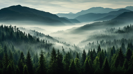 wet green forest with mist landscape in the mountains of treesの素材