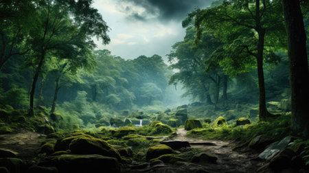 wet green forest with mist landscape in the mountains of treesの素材
