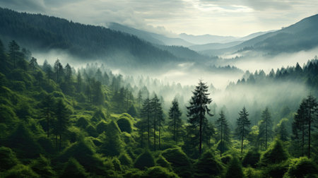wet green forest with mist landscape in the mountains of treesの素材