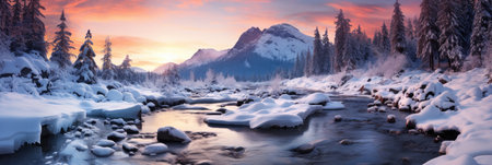 horizontal banner cover of snowy mountain range in winter with frozen river and forestの素材