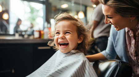portrait of small girl child at hairdresser salon sitting in chair with a big smileの素材