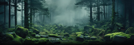 panoramic landscape banner of green mountain forest with mist and fir treesの素材