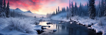 horizontal banner cover of snowy mountain range in winter with frozen river and forestの素材