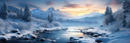 snowy mountains with river panorama cover banner in winter with snow and ice peaksの素材