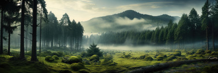 panoramic landscape banner of green mountain forest with mist and fir treesの素材