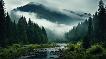 Landscape of mountain river stream with green forest and fog in summerの素材