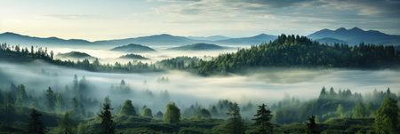 panoramic landscape banner of green mountain forest with mist and fir treesの素材