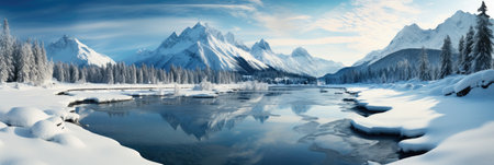 Panoramic landscape of high mountain range in winter with snowy peaks with ice and clouds from stormの素材