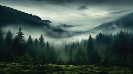 wet green forest with mist landscape in the mountains of treesの素材
