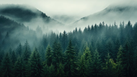 wet green forest with mist landscape in the mountains of treesの素材