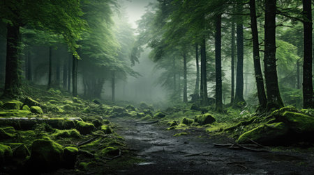 wet green forest with mist landscape in the mountains of treesの素材