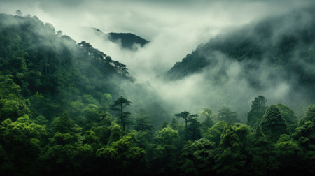 foggy forest mountain landscape with mist and summer trees at dawnの素材