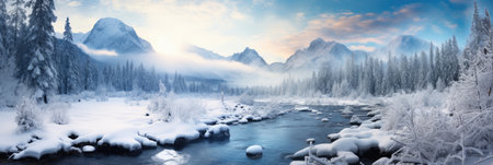 snowy mountains with river panorama cover banner in winter with snow and ice peaksの素材